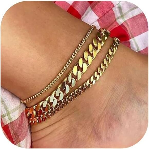 Gold Anklet Set for Women Waterproof Cuban Link Plus Size Stainless Steel - Picture 1 of 8